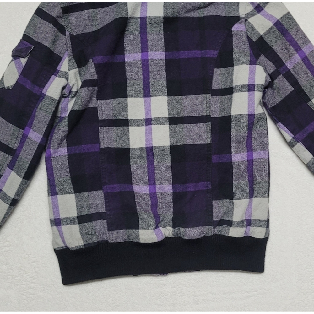 Fox Vintage Y2K Purple Plaid Flannel Black Faux Fur Lined Hooded Bomber Jacket - Picture 10 of 11